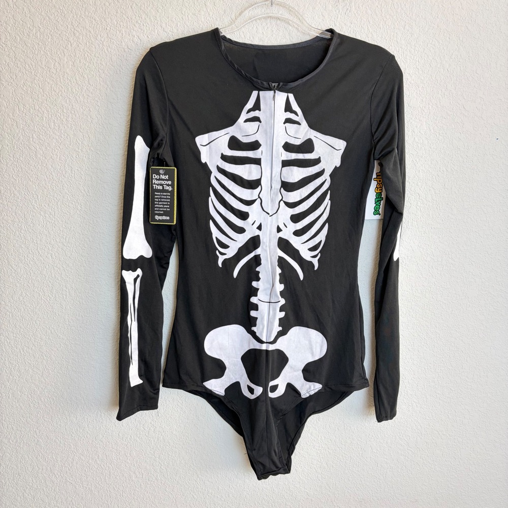 Tipsy Elves Womens Sexy Skeleton Bodysuit Black White Long Sleeve Large